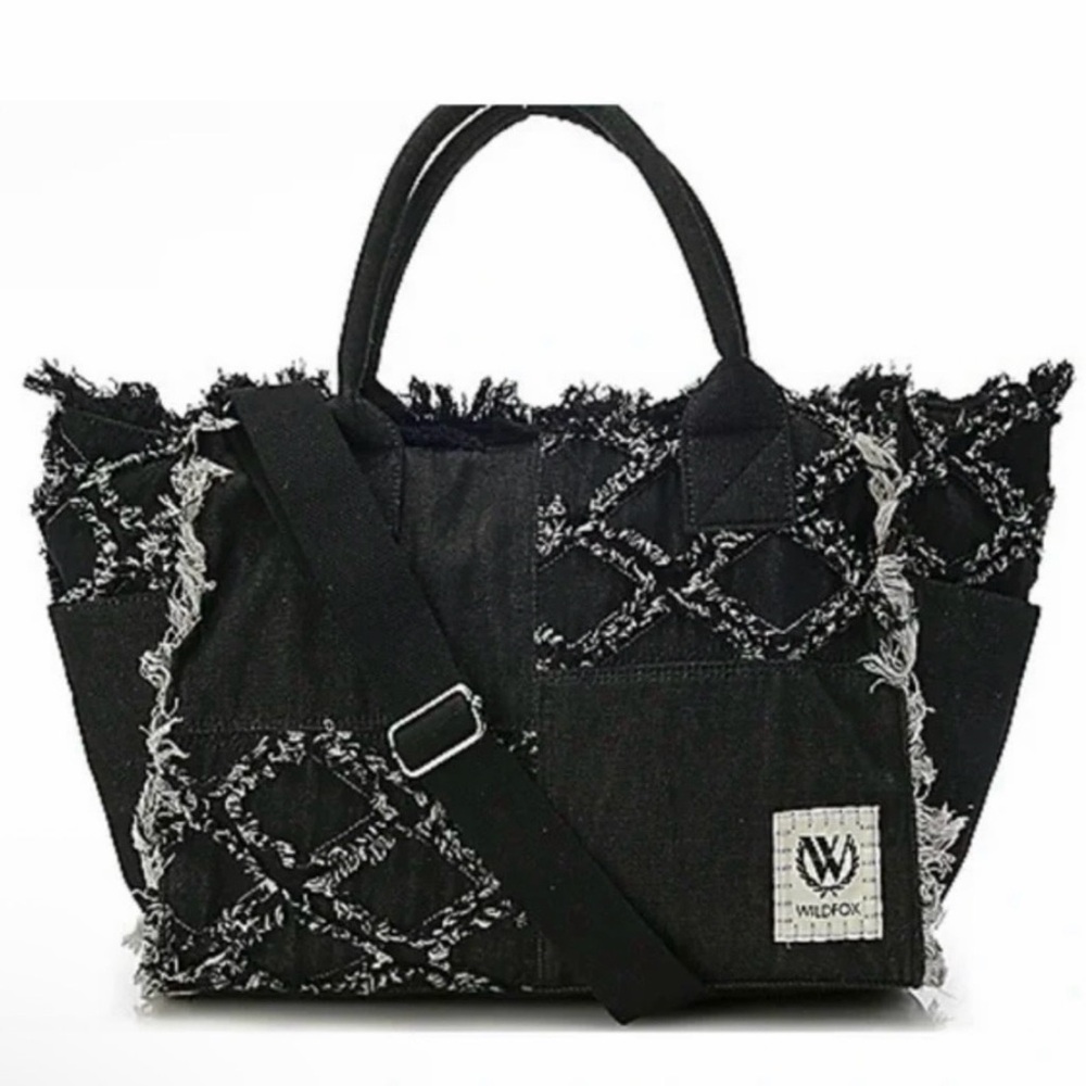 NWT Wildfox Black Frayed Denim Tote with Contrasting Stitch Detail